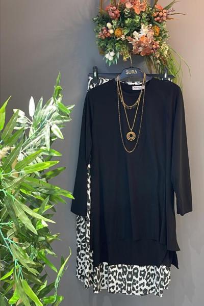 Leoparlı Etekli Takım  Siyah Beyaz