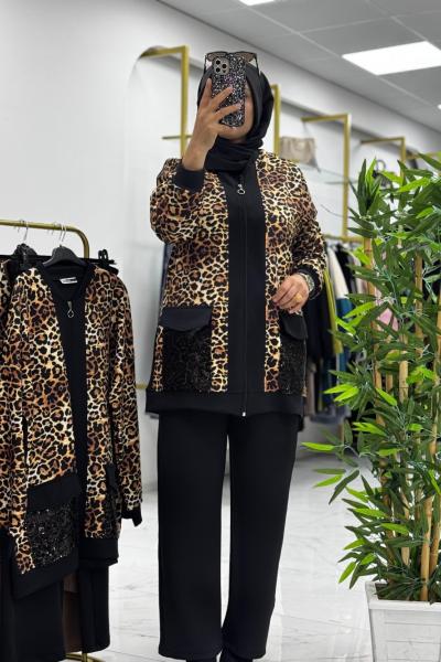 Meloş Fermuarlı Takım  Leopar siyah