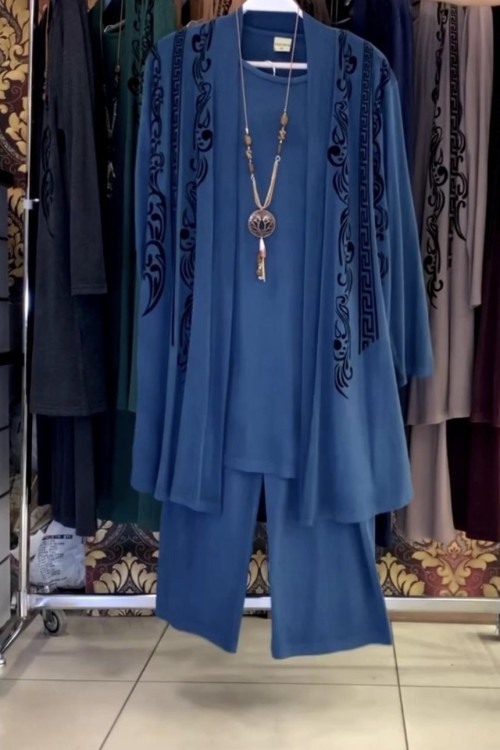 MÜZEYYEN ÜÇLÜ TAKIM indigo