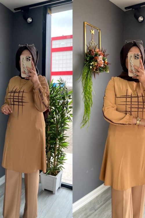 Sim Detaylı Tunik  Vizon