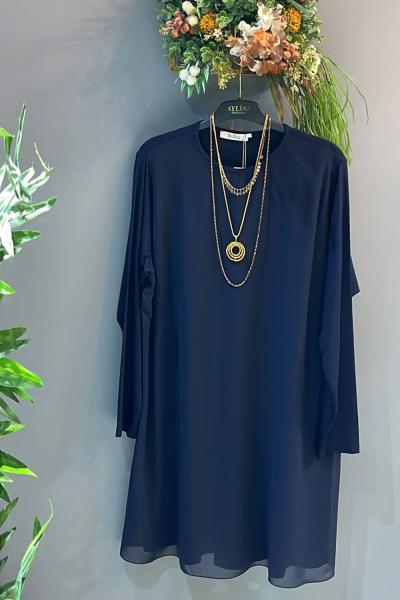 Uzun Kollu Şifon Tunik Lacivert