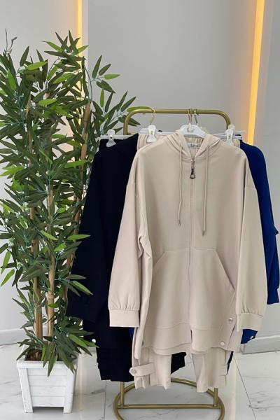 Yanları çıtçıtlı bomber takım Krem