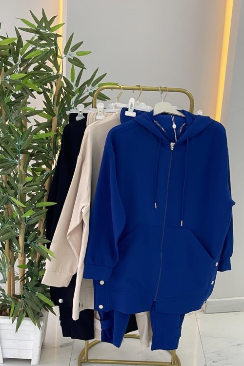 Yanları çıtçıtlı bomber takım Saks Mavisi