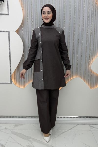 Almina Pantolonlu Takım Kahverengi