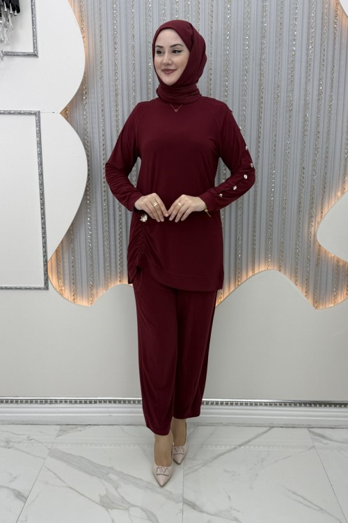 Büzgü pantolonlu takım Bordo
