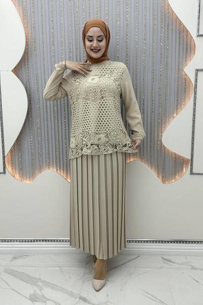 Dantel Etekli Takım Krem