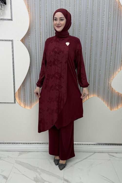 Gülümser Pantolonlu Takım Bordo