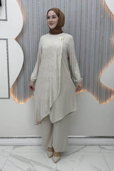 Gülümser Pantolonlu Takım Krem