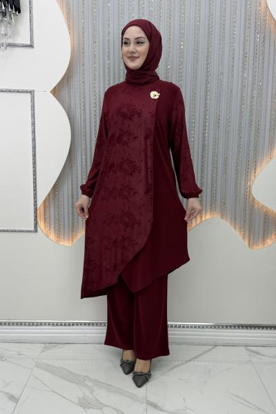 Gülümser Pantolonlu Takım Bordo