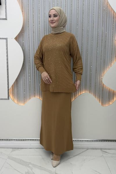 Meral Triko Etekli Takım Camel