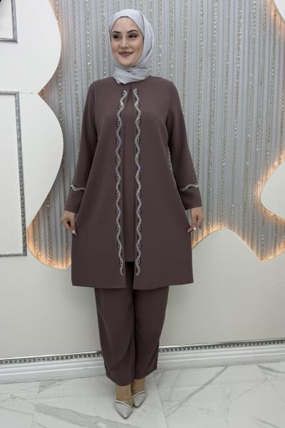 Muhteşem pantolonlu takım Kahverengi