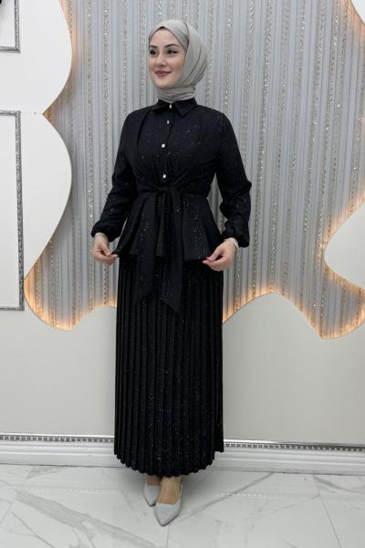 Pırıltı Etekli Takım Siyah