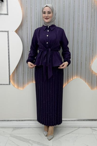 Pırıltı Etekli Takım Mor