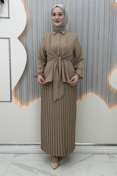 Pırıltı Etekli Takım Krem