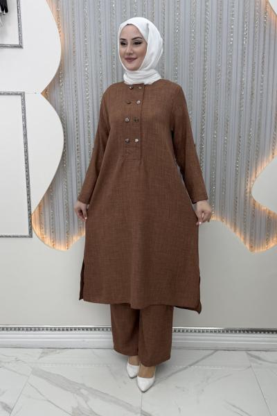 Selime Pantolonlu Takım Kahverengi