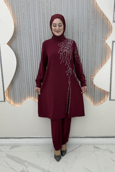 Yakut Taşlı Takım Bordo