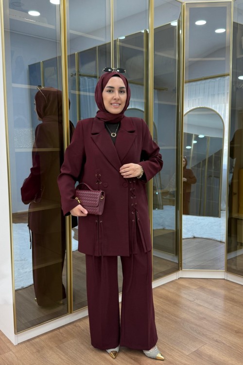 Bağcık Detaylı Ceket Takım Bordo
