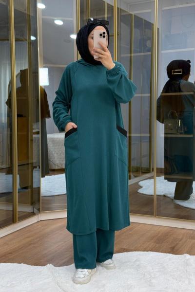 Burgu Kumaş Garnili Takım Petrol Yeşili