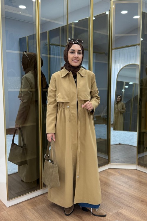 Fermuar Detaylı Maksi Boy Trençkot Camel