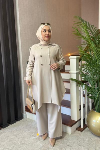 Gold Düğmeli Double Krep Takım Bej