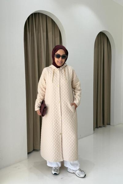 Kapüşonlu Capitone Mont  Bej