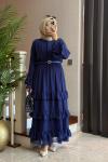 Katlı Şifon Elbise Lacivert