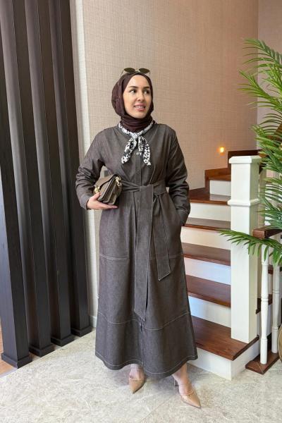 Kontrast Dikişli Kot Elbise Kahverengi