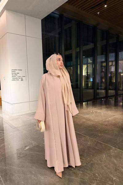 Nervürlü Elbise Abaya Bej