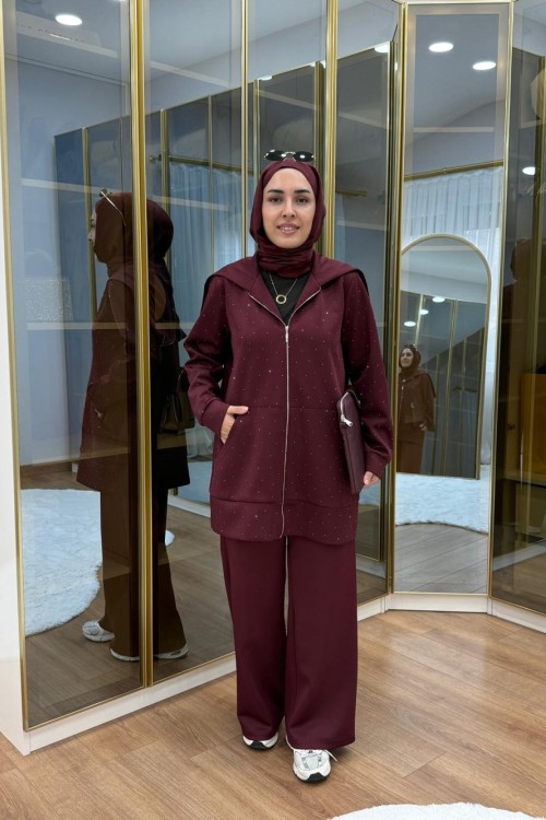 Taşlı Scuba Pantolon Takım Bordo