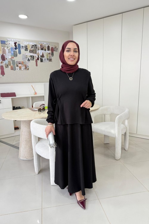 Yandan Büzgülü Oysho Etekli Takım Siyah