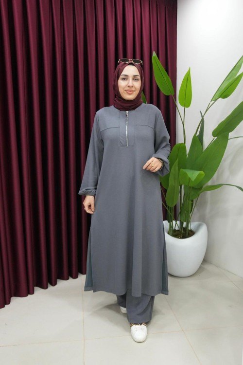 Yandan Yırtmaçlı Fermuar Detaylı Oysho Takım  Füme