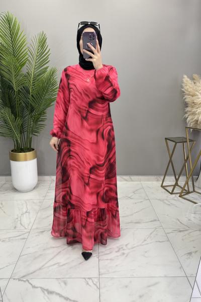 Dalga Şifon Elbise Kırmızı