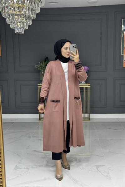 Arma uzun taşlı hırka - gül