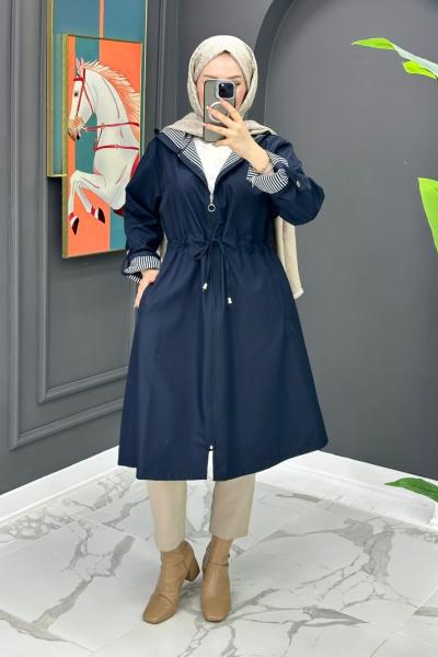 Çizgi Detaylı Trench - Lacivert