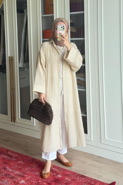 Çizgili Tunik Kap-Bej