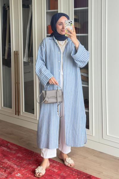 Çizgili Tunik Kap-Mavi