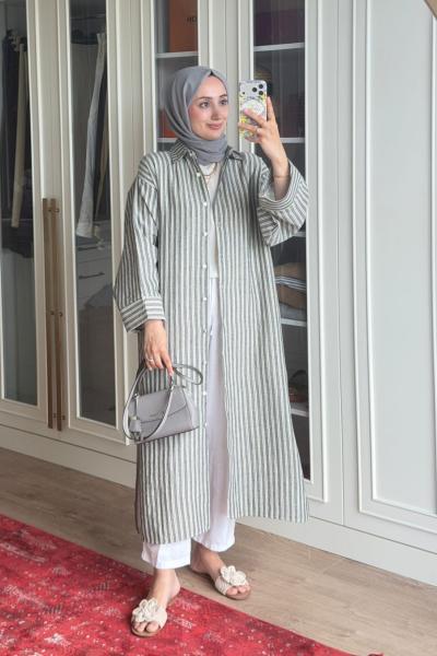 Çizgili Tunik Kap-Gri