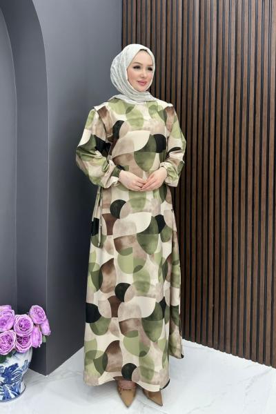 Geometrik Desen Elbise - Yeşil