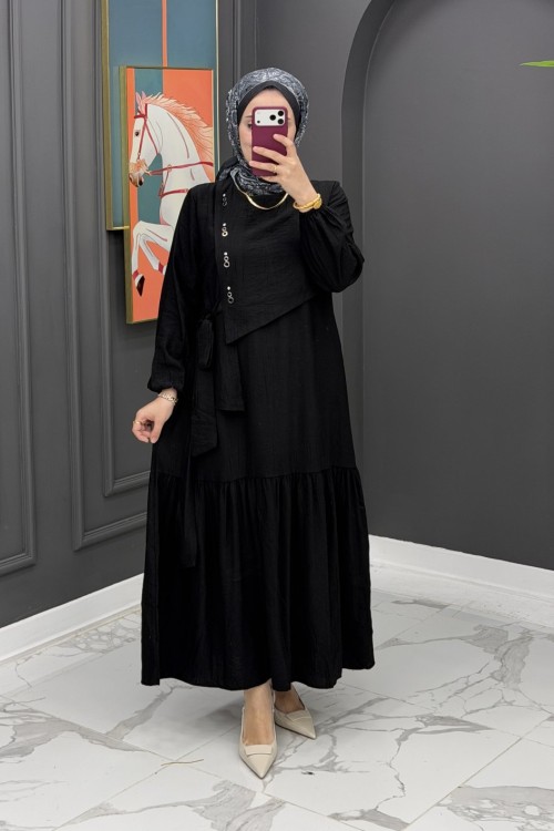 Gülseli elbise - Siyah