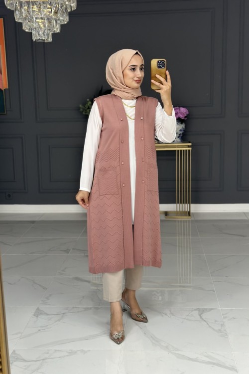 heidi triko uzun yelek - gül