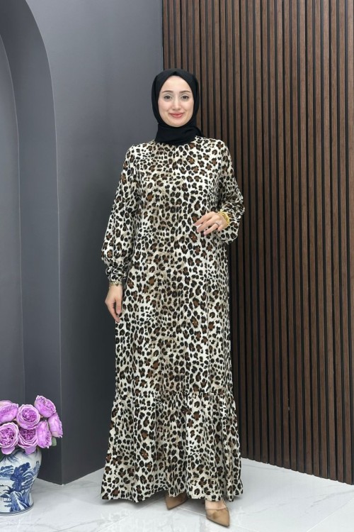 Leopar Desenli Elbise - Krem