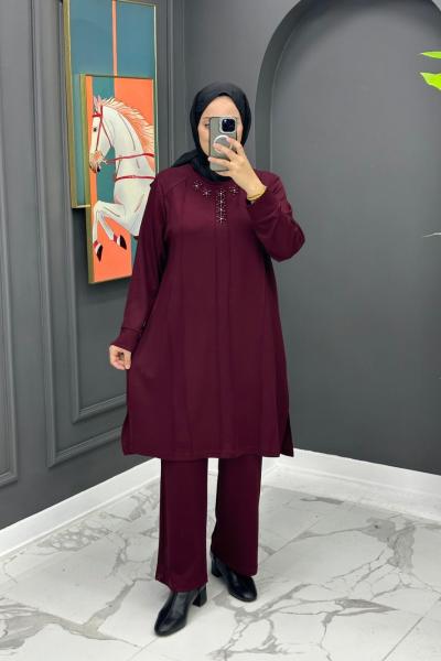 Liva Taşlı Takım - Bordo