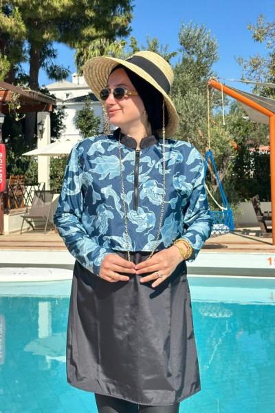 Mery Tesettür Mayo - Mavi Desenli