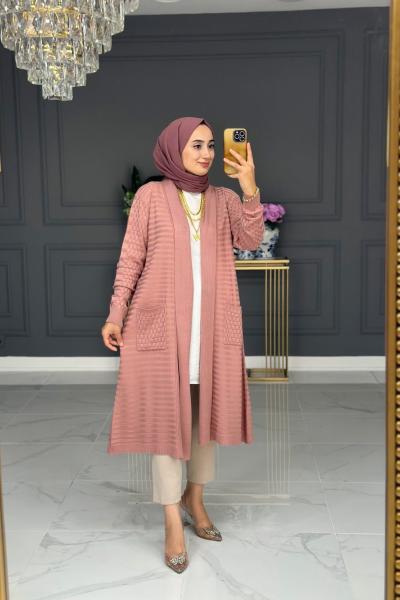 Nefes Uzun Triko Hırka - Gül