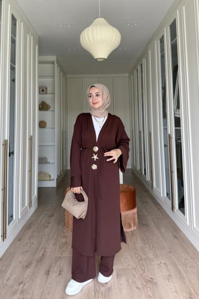 NEFİSE UZUN BROŞLU TAKIM - KAHVE