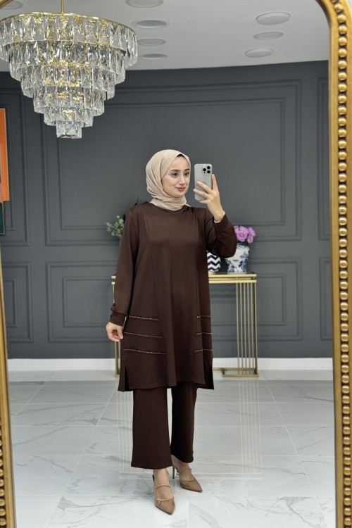 Sabriye tesettur takım -kahve