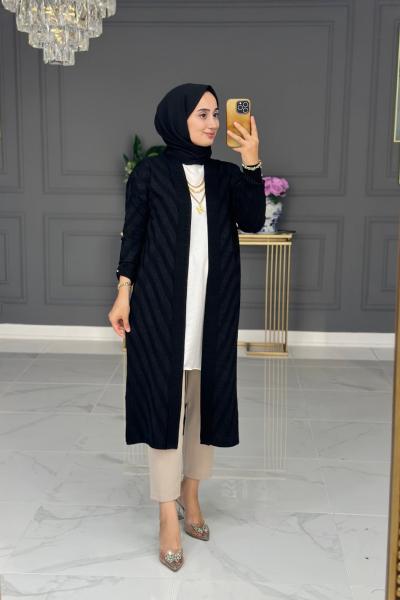 Şadiye Triko Hırka Uzun - Siyah