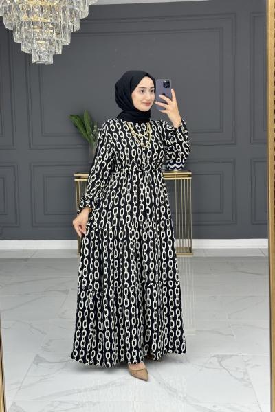Zincir Desenli Elbise -Siyah