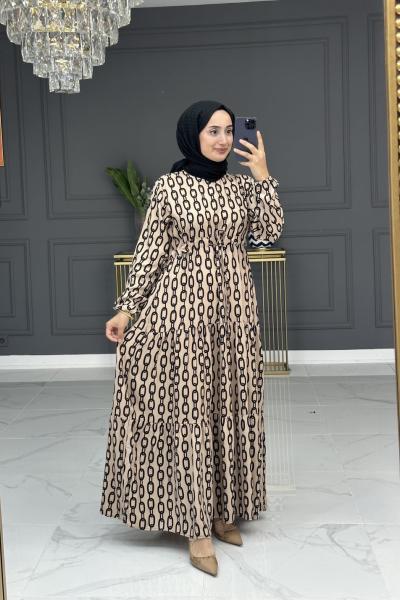 Zincir Desenli Elbise -vizon