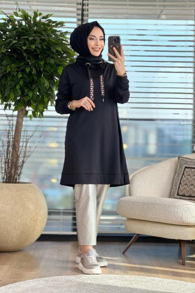 01-1116 Degaje Yaka Scuba Tunik Siyah